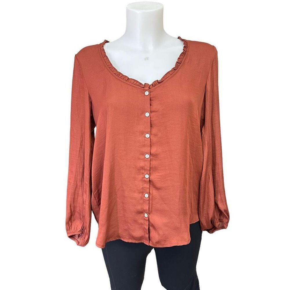 Anthropologie Dolan Marilyn Brown Buttoned Blouse Ruffled Neckline Size Small‎